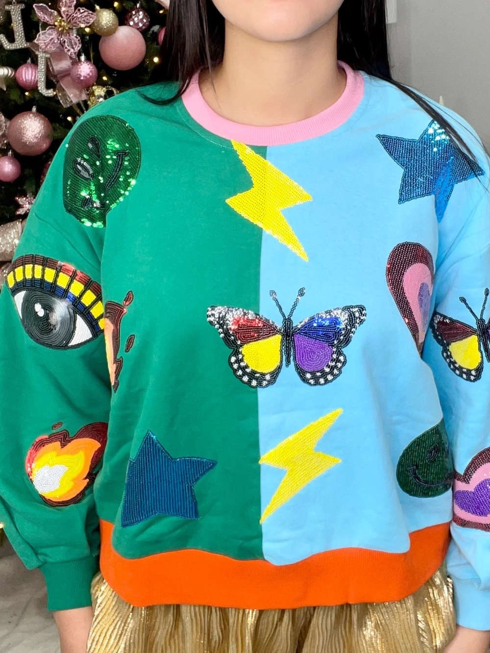 Queen of Sparkles Colorblock Sequin Icon Patchwork Sweatshirt Size S